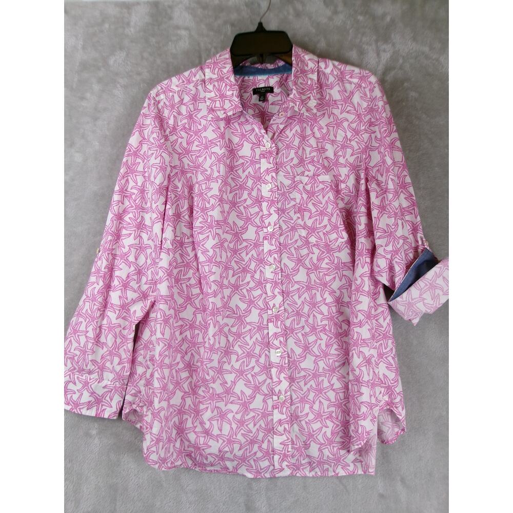 Talbots Woman 1X Pink Starfish Print Cotton Roll Tab Sleeve Button Front Shirt